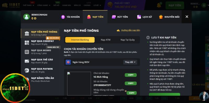 Hướng dẫn nạp tiền tại 11bet